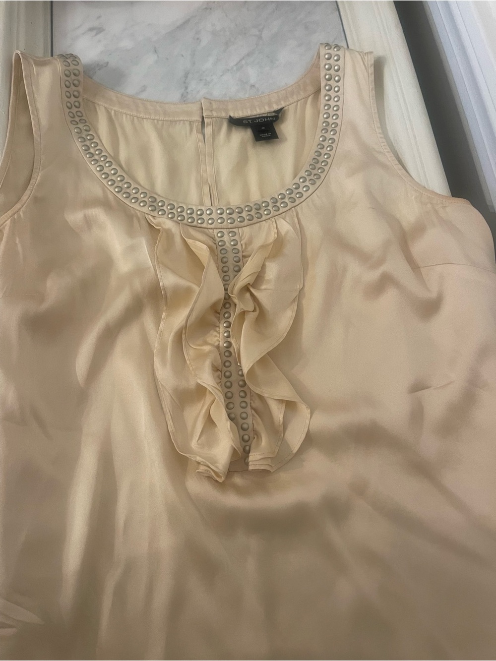 St. John 100% Silk Cream Sleeveless Ruffle Top with Stud Trim